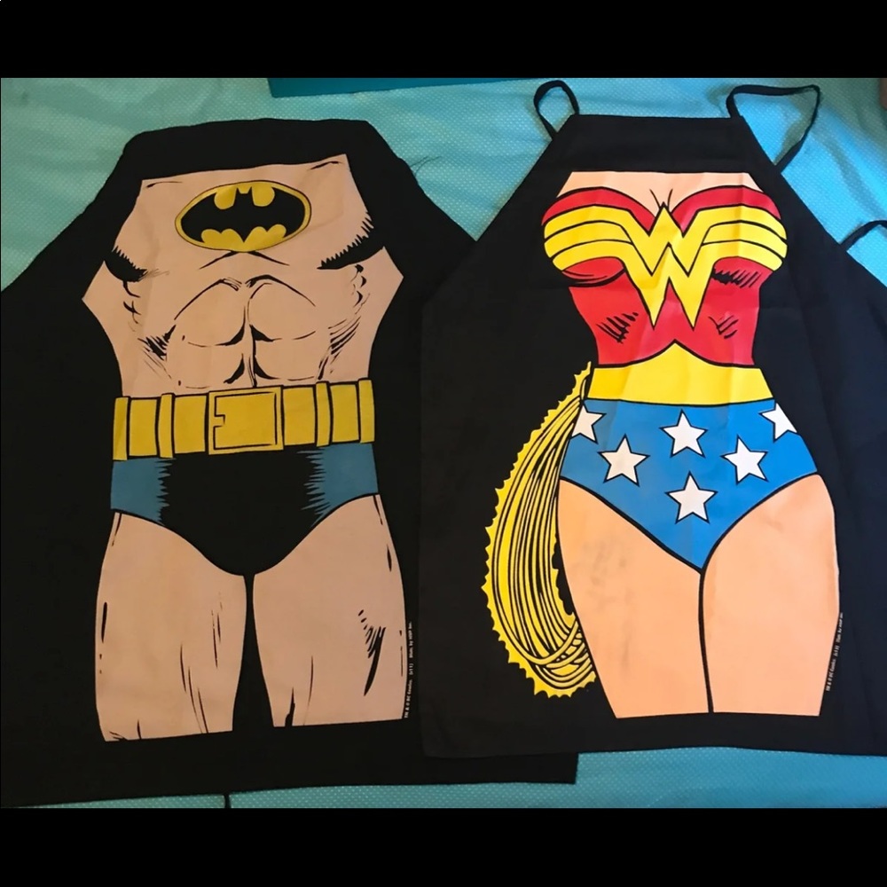 Batman and Wonder Woman aprons